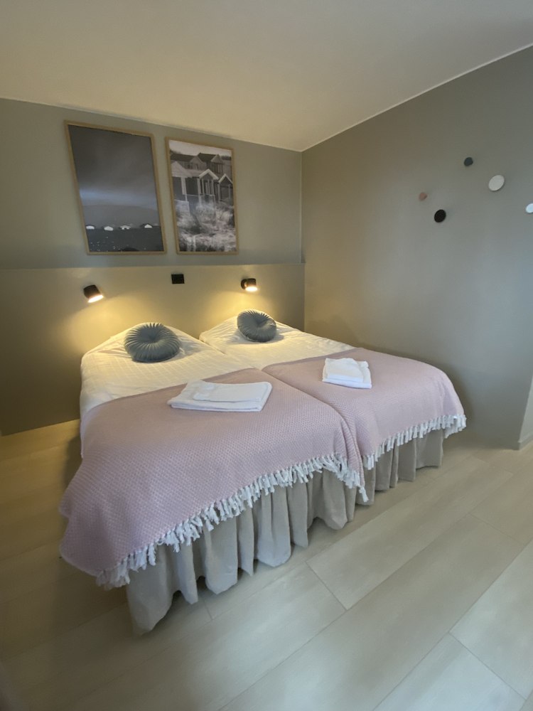Nyrenoverat dubbelrum premium på Höllviksnäs med två enkelsängar och rosa överkast