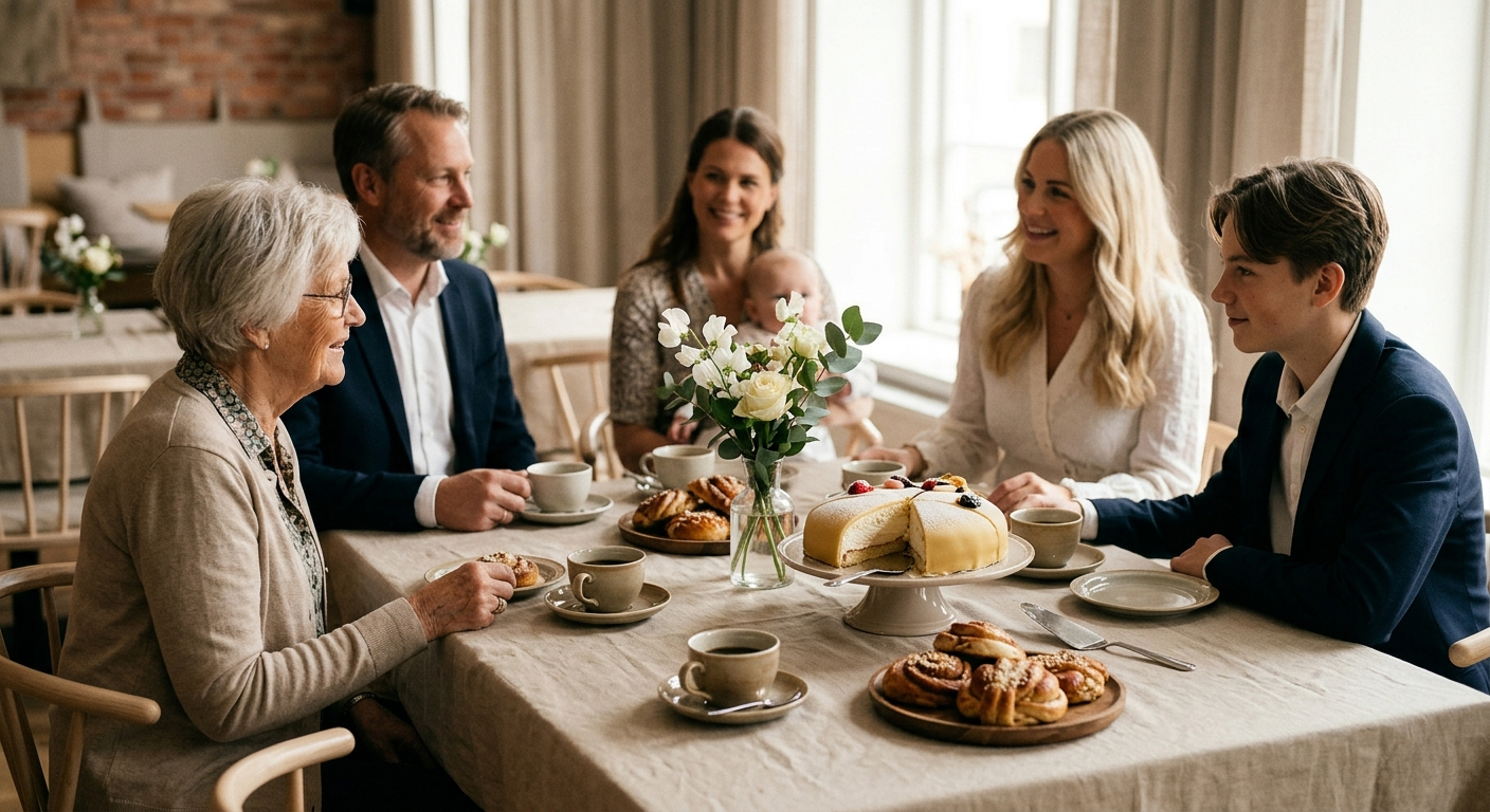 Svenska familj vid matbord efter dop